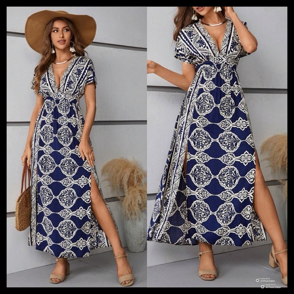 BOUTIQUE Floral Print Side Slits Deep V-neck Short Sleeve Blue Maxi Dress - Picture 4 of 6